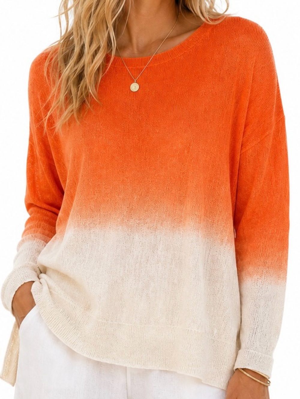 Pure Amici 100% Linen Ombré Lightweight Sweater Orange White Size Small